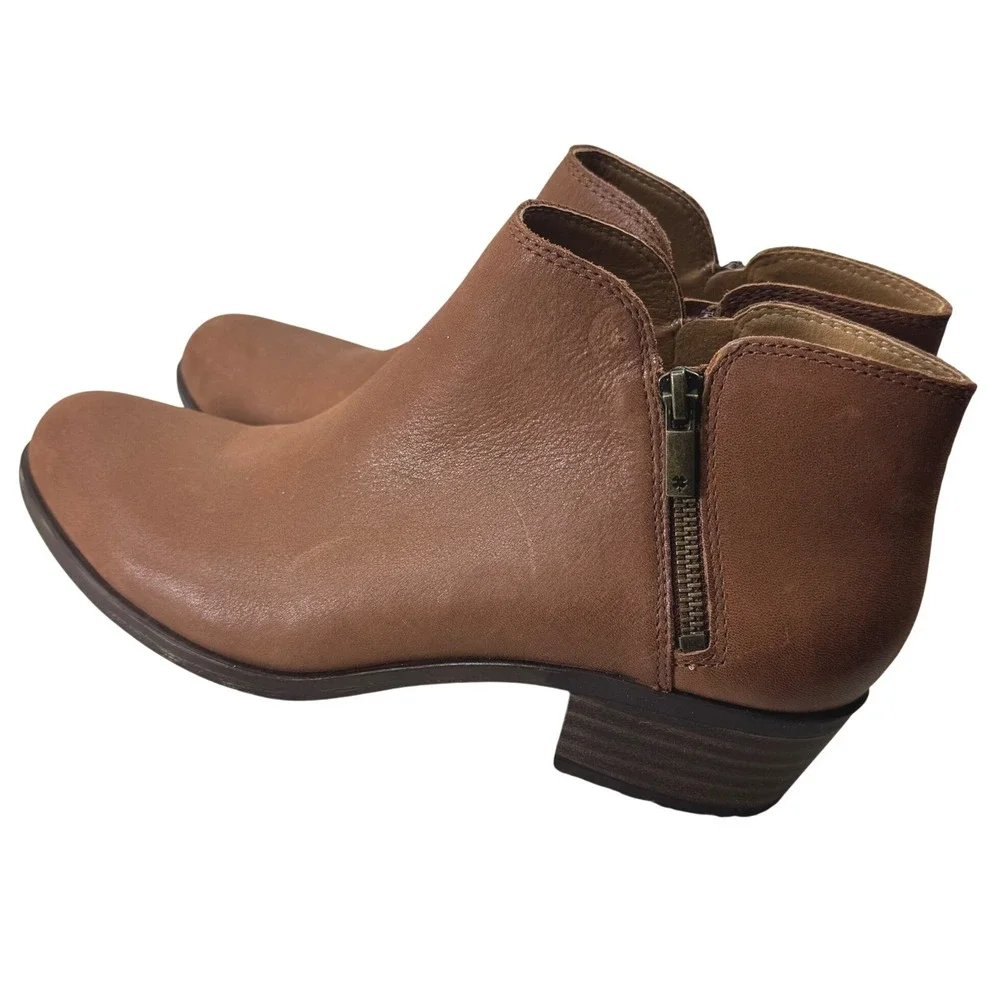 Lucky Brand Burklee Ankle Boots Women 9.5 Cognac Leather Side Zip Western Casual